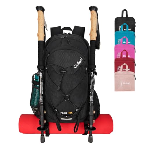 45L Hiking Backpack Lightweight Foldable, Waterproof Camping Backpack with Rain Cover & Hiking Pole Mat Carrying System, Ergonomic Water Resistant Daypack for Trekking Travel Men Women,Black