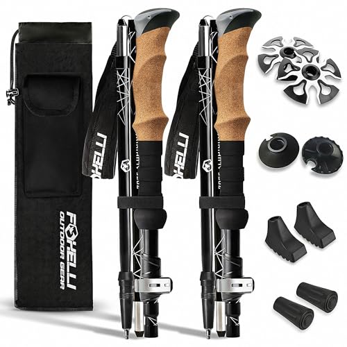 Foxelli Lightweight Trekking Poles – Compact Walking Sticks with Quick Locks, Ergonomic Cork Grip & All-Terrain Accessories – Adjustable Collapsible Poles for Travel & Hiking