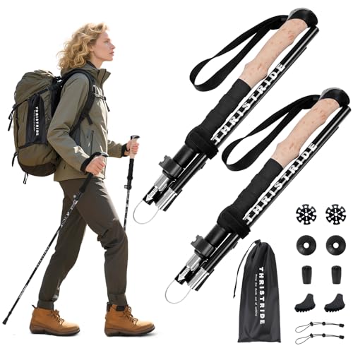 Thristride Trekking Poles Aviation Grade Aluminum Alloy-Strong Lightweight Collapsible Walking Sticks for Hiking Poles for Women, Men,Seniors in the 4 Season,All-Terrain,2pc Per Set