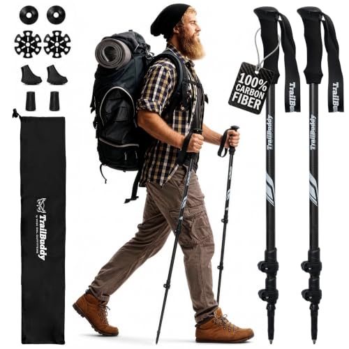 TrailBuddy 3K Carbon Fiber Hiking Poles - Collapsible Lightweight Trekking Poles for Hiking - Adjustable Walking Sticks for Women, Men, Seniors with All-Terrain Tips, Baskets & EVA Grips