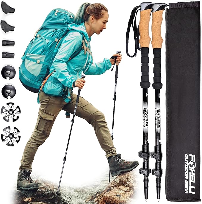 Foxelli Carbon Fiber Trekking Poles – Lightweight Collapsible Hiking Poles with Cork Grips, Quick Flip Locks & All-Terrain Accessories – Adjustable Height Hiking Sticks for Men & W